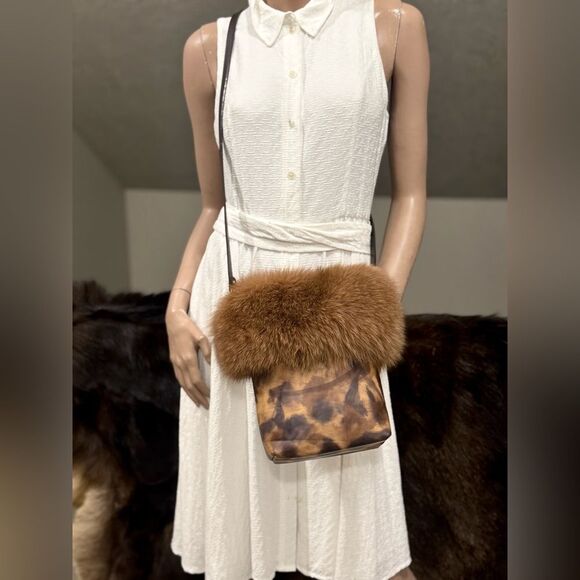 Gorgeous Real Fox Fur Trimmed Handmade Genuine Leather Tote Bag/ Crossbody - Picture 9 of 16